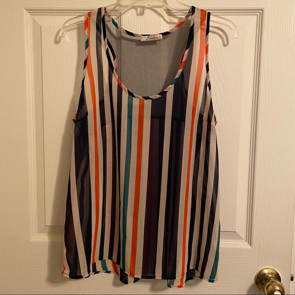 Freebird sheer multicolor striped flowy tank top. No size tag. 100% polyester.